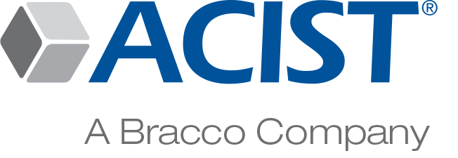 a blue and white logo for acist a bracco company