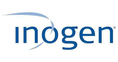 a blue inogen logo on a white background