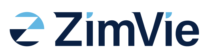 a blue and white logo for zimvie on a white background